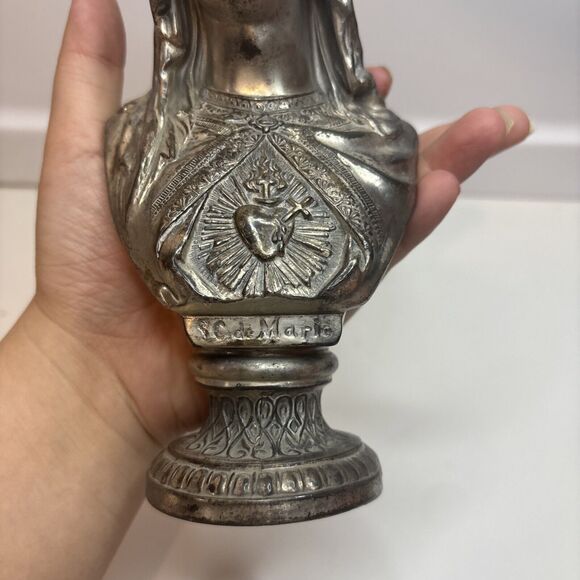 Antique Silver Plated Madonna SC De Maria Bust  Religious Statue About 7” H - Picture 5 of 11